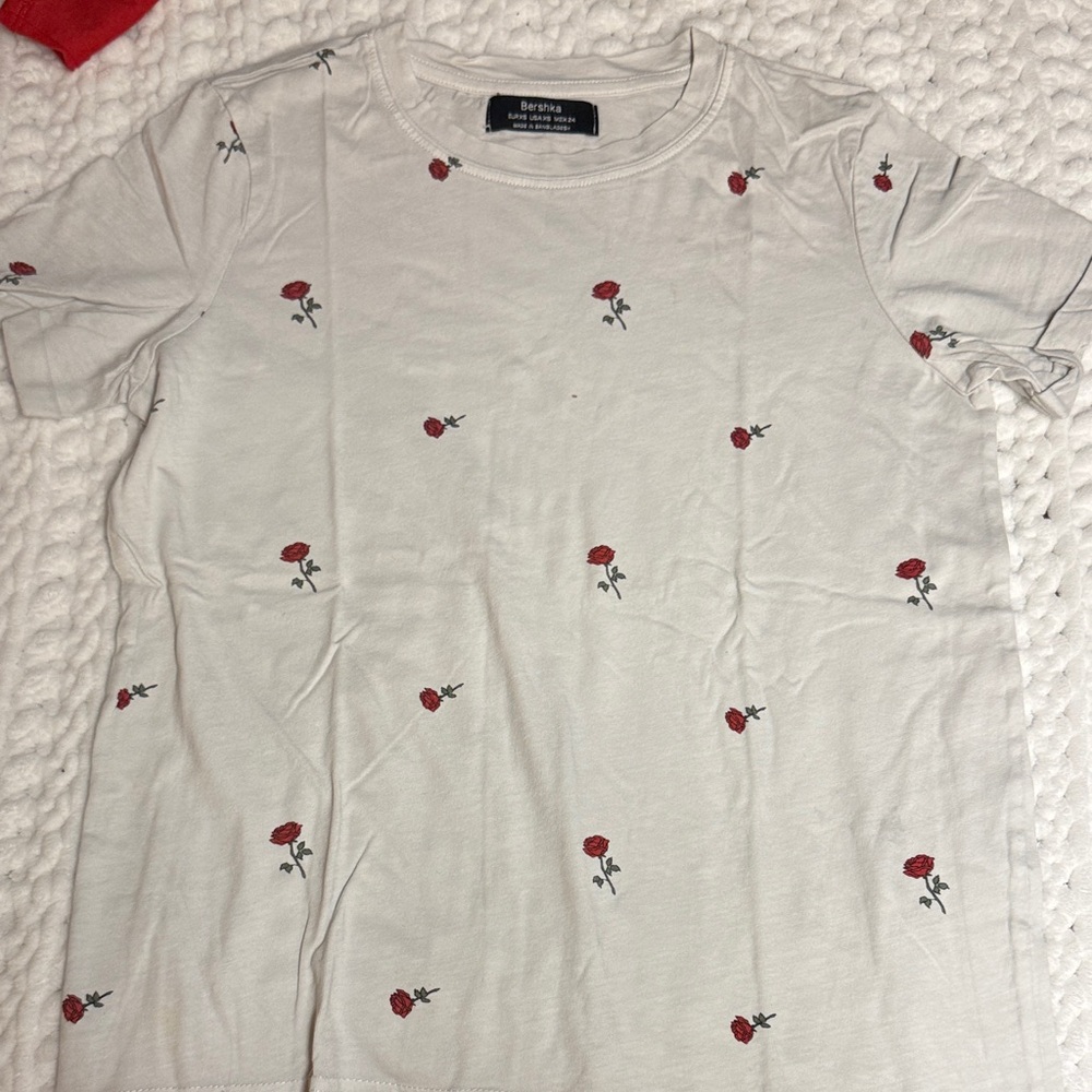 Bershka White Tee with Red Floral Pattern